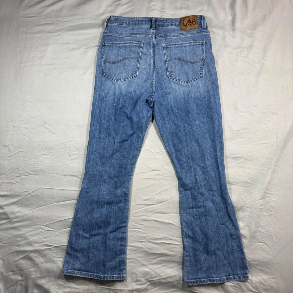Lee Womens High Rise Flare Jeans Blue Distressed Button Fly Size 29x26